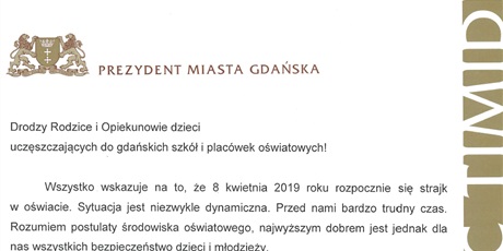 List Prezydenta Miasta Gdańska Aleksandry Dulkiewicz do rodziców i opiekunów 